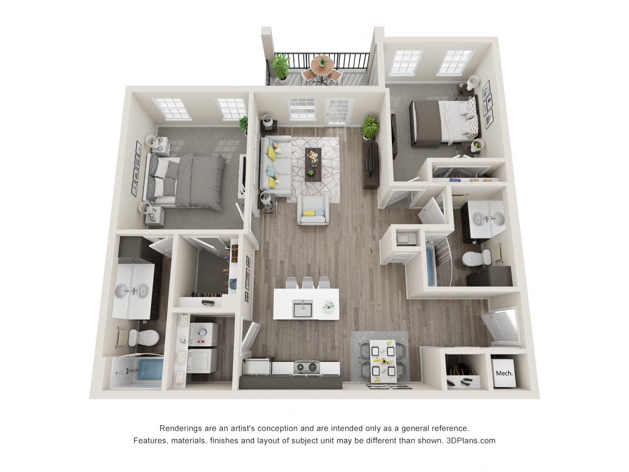 Floor plan for 2 beds, 2 baths, 1124 sqft